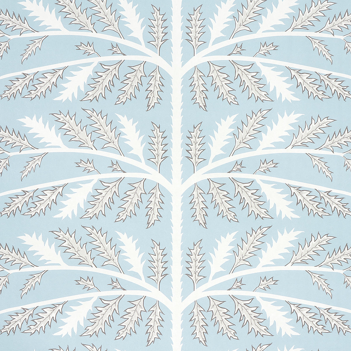 Thistle Mineral wallpaper by Neisha Crosland for Schumacher, featuring a stylized thistle motif in blue and white.