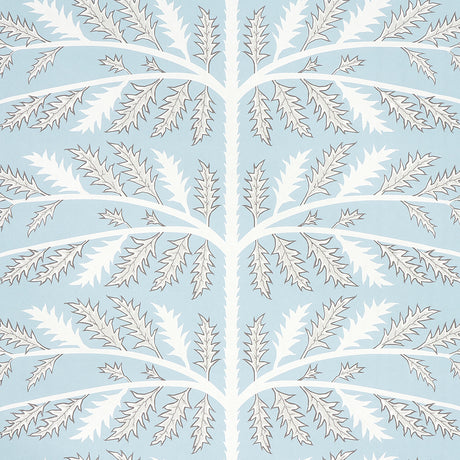 Thistle Mineral wallpaper by Neisha Crosland for Schumacher, featuring a stylized thistle motif in blue and white.