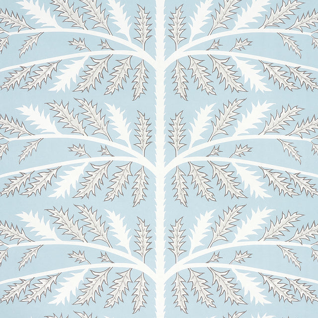 Thistle Mineral wallpaper by Neisha Crosland for Schumacher, featuring a stylized thistle motif in blue and white.