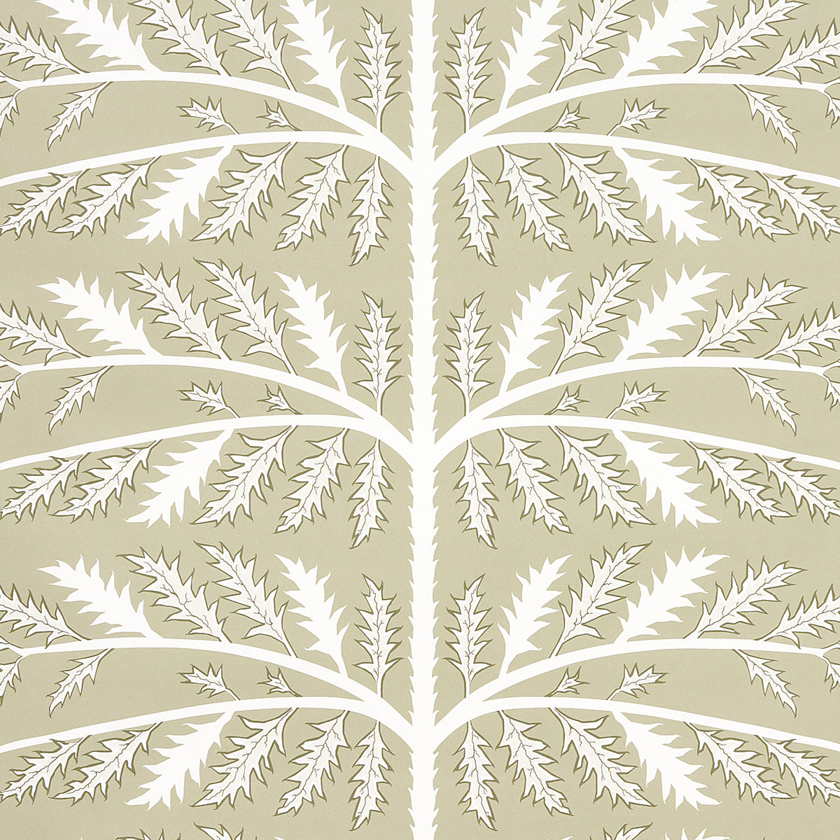 Thistle motif wallpaper in neutral by Neisha Crosland for Schumacher, featuring stylized botanical leaves in a repeating pattern.