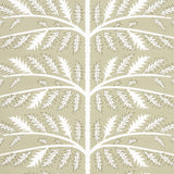Thistle motif wallpaper in neutral by Neisha Crosland for Schumacher, featuring stylized botanical leaves in a repeating pattern.