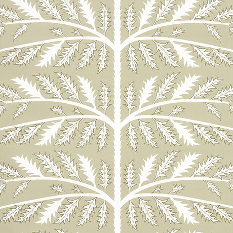 Thistle motif wallpaper in neutral by Neisha Crosland for Schumacher, featuring stylized botanical leaves in a repeating pattern.