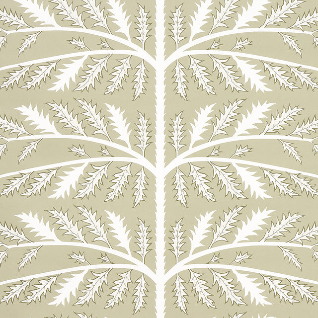 Thistle motif wallpaper in neutral by Neisha Crosland for Schumacher, featuring stylized botanical leaves in a repeating pattern.