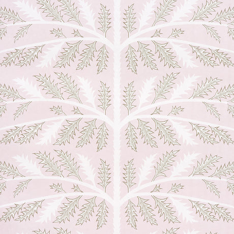 Thistle Rose wallpaper by Neisha Crosland for Schumacher, featuring a stylized thistle motif in soft pink and neutral tones.