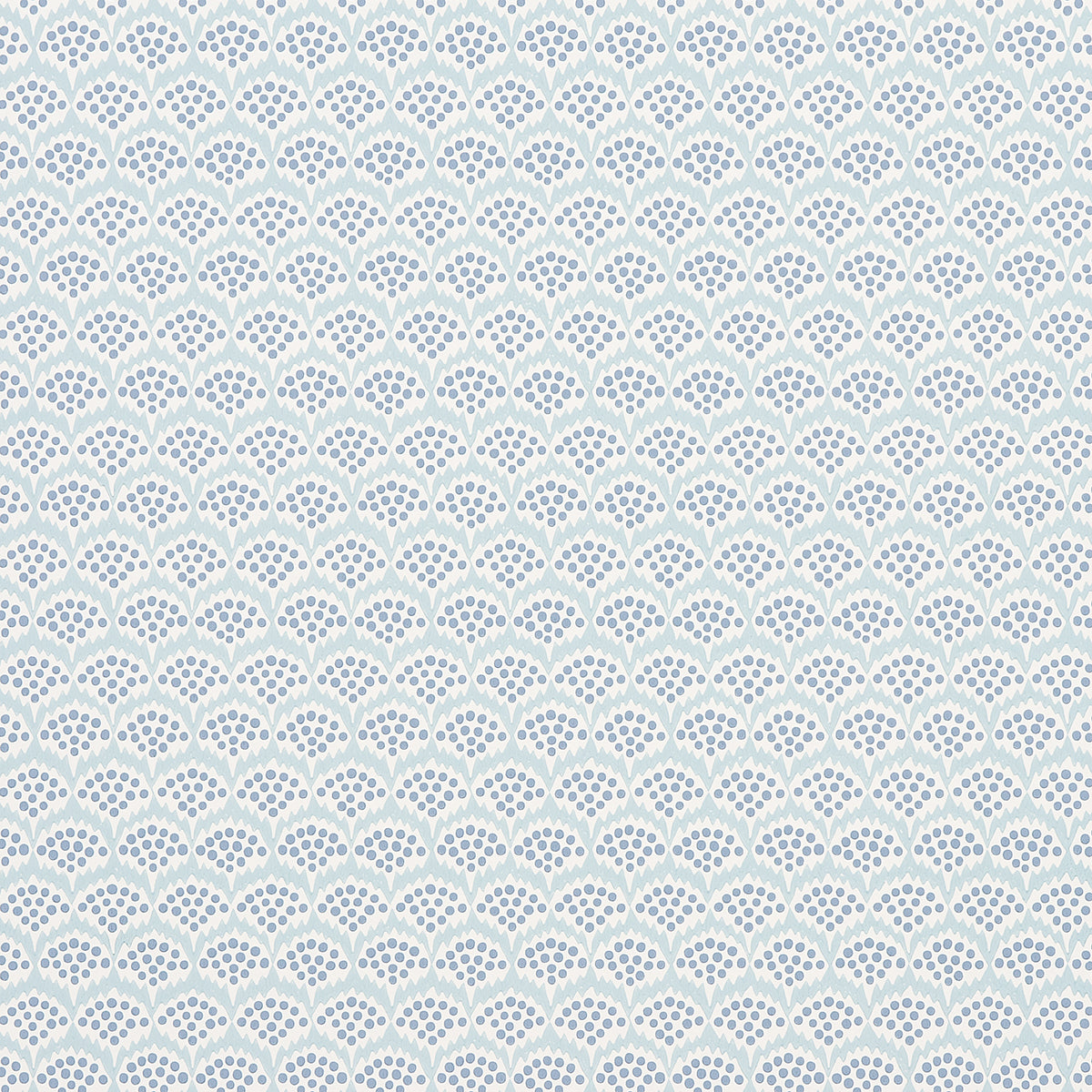 Pollen Delft by Neisha Crosland for Schumacher - abstract floral blue and white wallpaper, shown in room and detail views