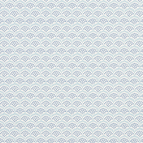 Pollen Delft by Neisha Crosland for Schumacher - abstract floral blue and white wallpaper, shown in room and detail views