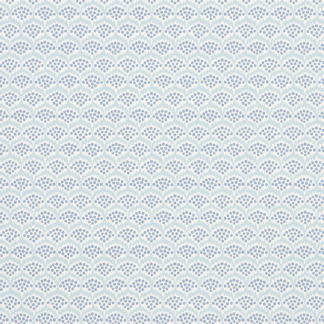Pollen Delft by Neisha Crosland for Schumacher - abstract floral blue and white wallpaper, shown in room and detail views