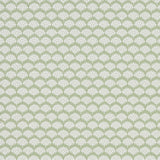 Pollen Moss by Neisha Crosland for Schumacher. Abstract floral small-scale wallpaper in green and white, shown in room and detail views.