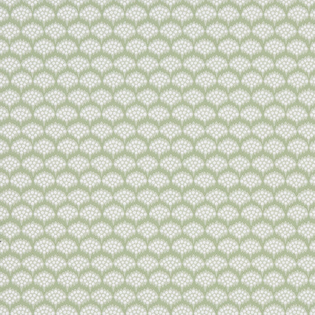Pollen Moss by Neisha Crosland for Schumacher. Abstract floral small-scale wallpaper in green and white, shown in room and detail views.