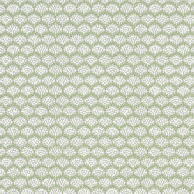 Pollen Moss by Neisha Crosland for Schumacher. Abstract floral small-scale wallpaper in green and white, shown in room and detail views.