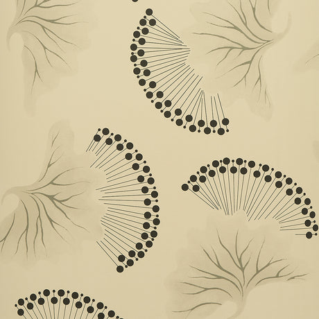 Anemone wallpaper by Neisha Crosland for Schumacher, featuring stylized ginkgo leaves and abstract marine motifs in black and white.