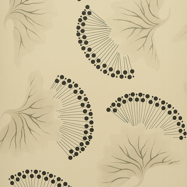 Anemone wallpaper by Neisha Crosland for Schumacher, featuring stylized ginkgo leaves and abstract marine motifs in black and white.