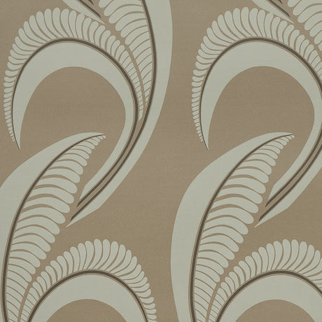 Banana Leaf wallpaper in Tobacco by Neisha Crosland for Schumacher, featuring large-scale abstract botanical leaves in a modern Art Deco style.