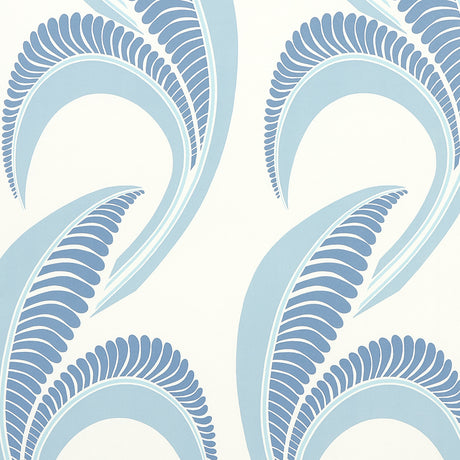 Banana Leaf wallpaper in China Blue by Neisha Crosland for Schumacher, featuring large-scale abstract botanical leaves in blue and white.