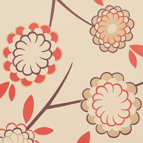 Birdtree Cockatoo Red by Neisha Crosland for Schumacher. Large-scale floral wallpaper with graphic Japanese kimono-inspired motifs in red and beige.