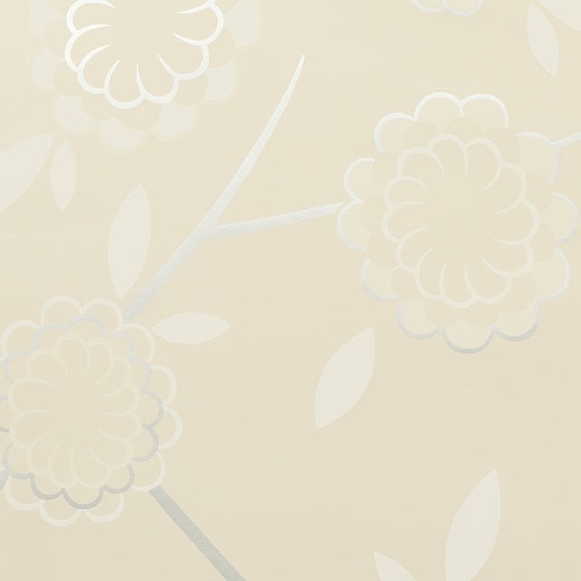 Birdtree Silver wallpaper by Neisha Crosland for Schumacher, modern floral wallcovering with metallic accents