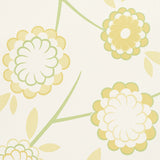 Birdtree Mimosa by Neisha Crosland for Schumacher. Large-scale modern floral wallpaper in yellow and green on white background.