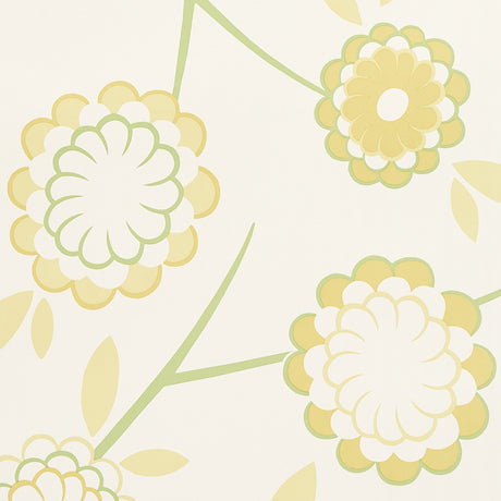 Birdtree Mimosa by Neisha Crosland for Schumacher. Large-scale modern floral wallpaper in yellow and green on white background.