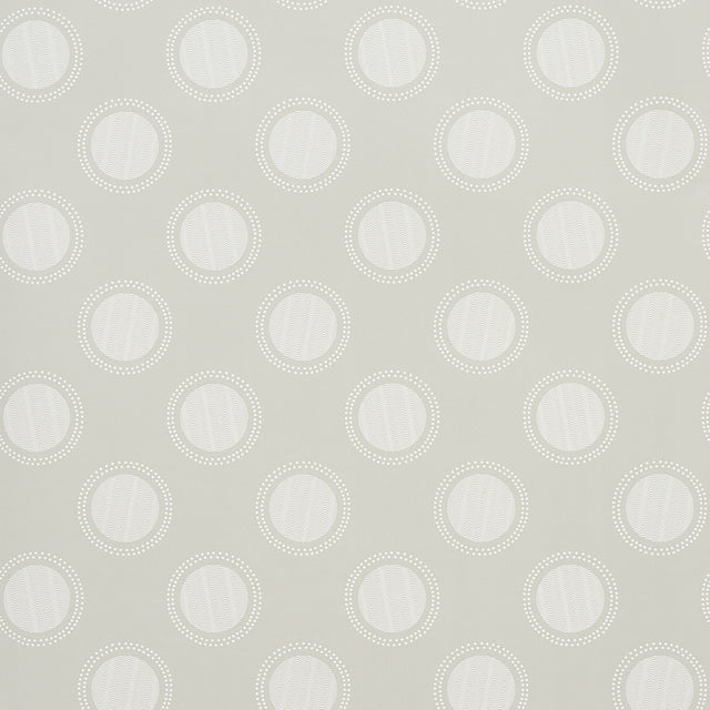 Watermark wallpaper in Powder Grey by Neisha Crosland for Schumacher, featuring graphic ringed polka dots and optical effects.