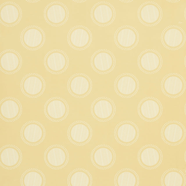 Watermark wallpaper in Corn by Neisha Crosland for Schumacher, featuring graphic ringed polka dots with a moiré effect.