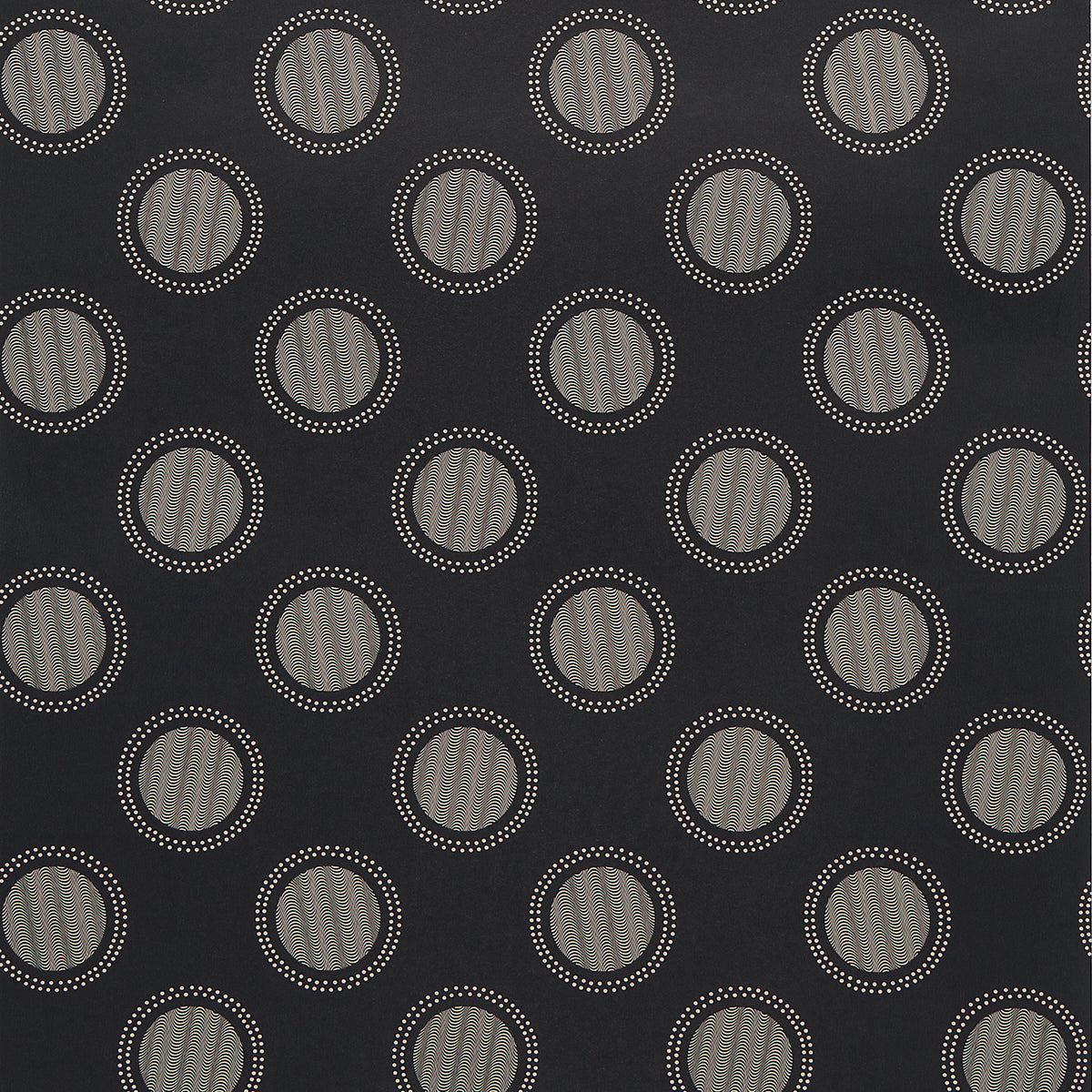 Watermark wallpaper by Neisha Crosland for Schumacher in black and white, featuring graphic circular moiré polka dots with optical effects.
