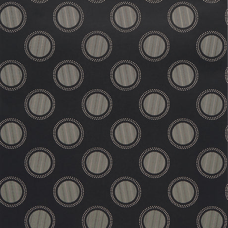 Watermark wallpaper by Neisha Crosland for Schumacher in black and white, featuring graphic circular moiré polka dots with optical effects.