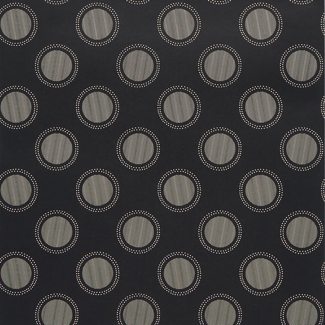 Watermark wallpaper by Neisha Crosland for Schumacher in black and white, featuring graphic circular moiré polka dots with optical effects.