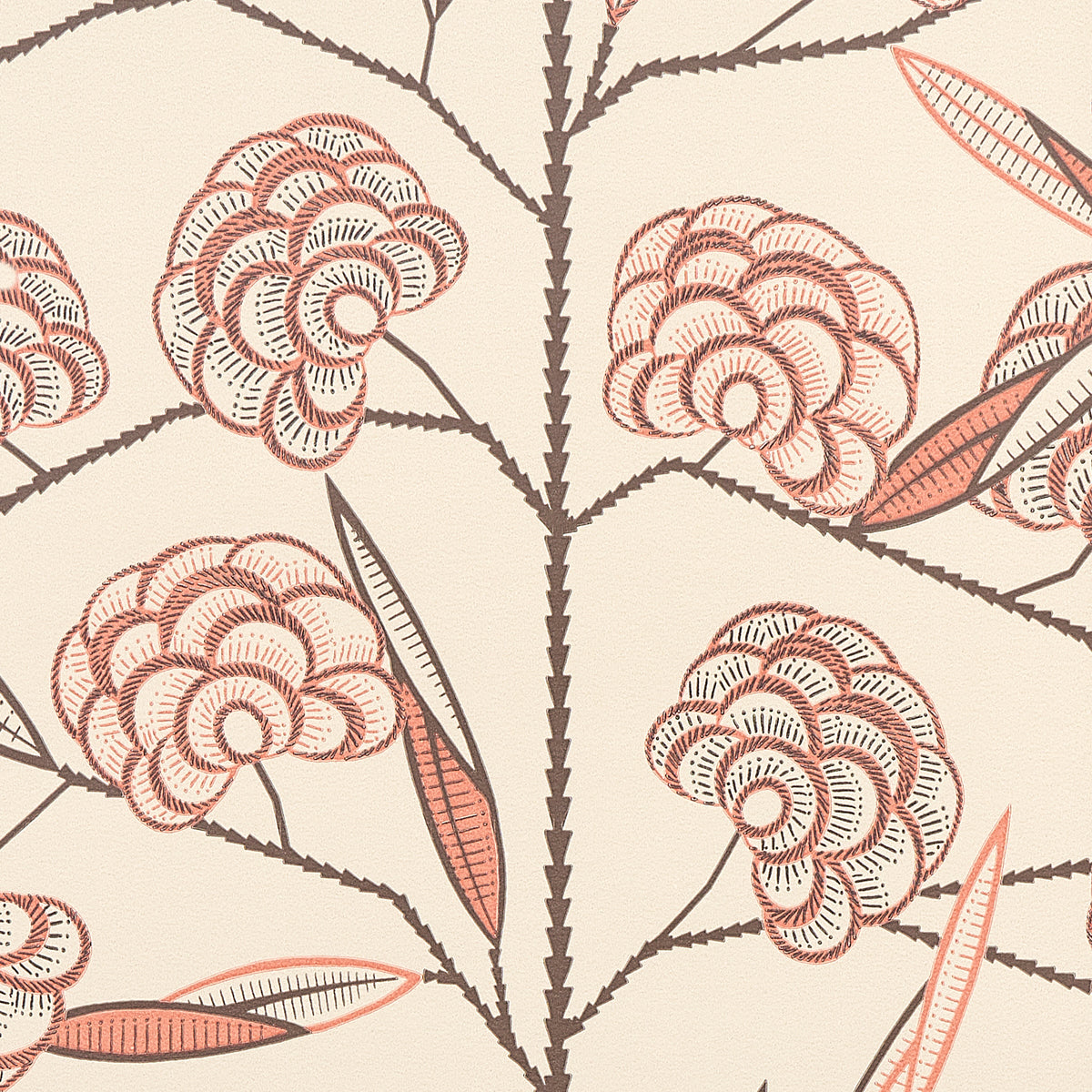 Jacob's Tree wallpaper in Old Rose by Neisha Crosland for Schumacher, featuring stylized magnolia blossoms in a modern Jacobean tree of life pattern.