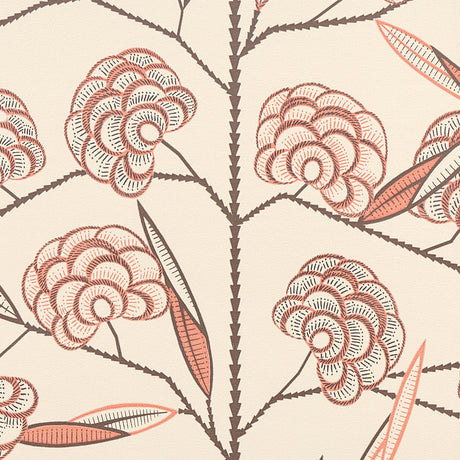 Jacob's Tree wallpaper in Old Rose by Neisha Crosland for Schumacher, featuring stylized magnolia blossoms in a modern Jacobean tree of life pattern.