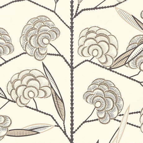 Jacob's Tree wallpaper by Neisha Crosland for Schumacher in black and cream, featuring a modern take on a traditional tree of life pattern with stylized magnolia blossoms.