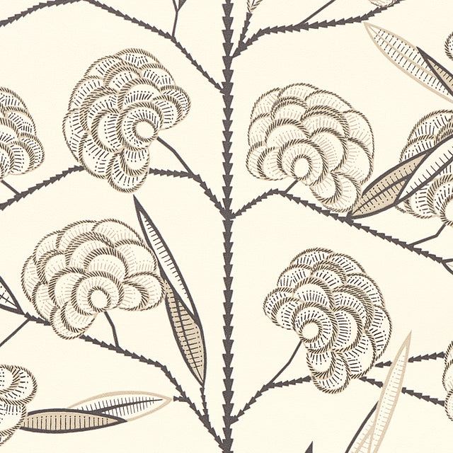 Jacob's Tree wallpaper by Neisha Crosland for Schumacher in black and cream, featuring a modern take on a traditional tree of life pattern with stylized magnolia blossoms.