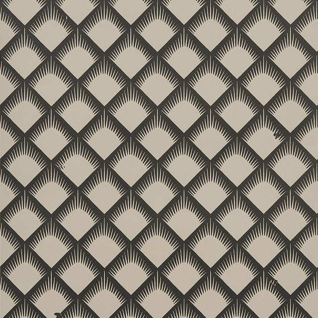 Maize wallpaper in black and cream by Neisha Crosland for Schumacher, featuring a dynamic trellis pattern inspired by Navajo motifs.