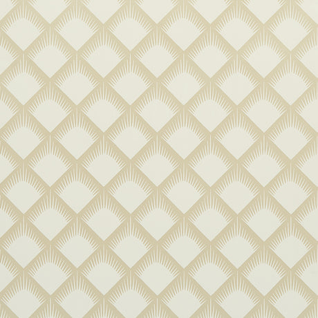Maize Soft Gold by Neisha Crosland for Schumacher - geometric trellis wallpaper in a soft gold colorway, shown in room and detail views.