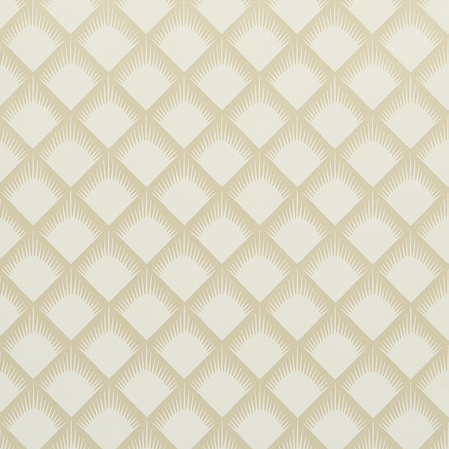 Maize Soft Gold by Neisha Crosland for Schumacher - geometric trellis wallpaper in a soft gold colorway, shown in room and detail views.