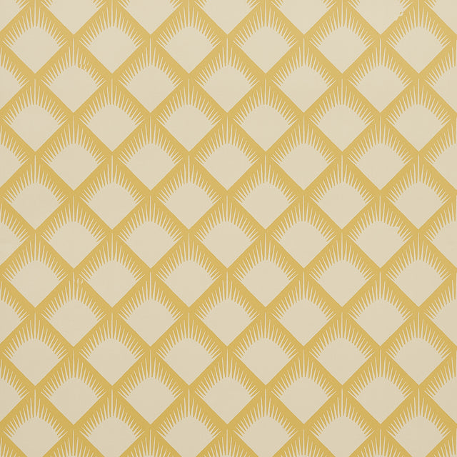 Maize wallpaper in mustard by Neisha Crosland for Schumacher, featuring a dynamic trellis pattern inspired by Navajo motifs.