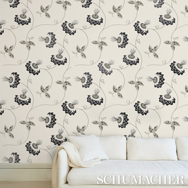 Merlin Black & Cream by Neisha Crosland Modern Art Deco Floral Wallpaper – Schumacher 5015050