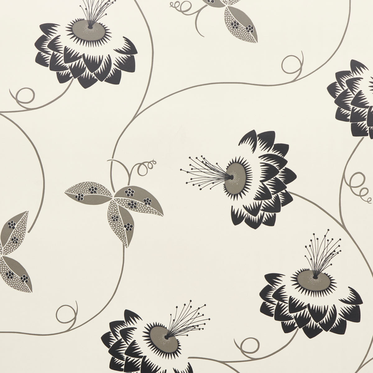 Merlin wallpaper by Neisha Crosland for Schumacher in black and cream, featuring a modern Art Deco-inspired climbing floral pattern.
