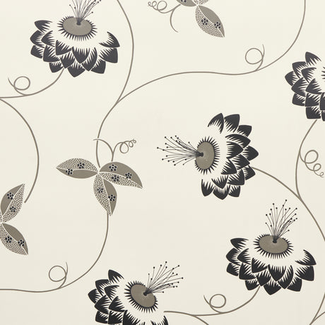 Merlin wallpaper by Neisha Crosland for Schumacher in black and cream, featuring a modern Art Deco-inspired climbing floral pattern.