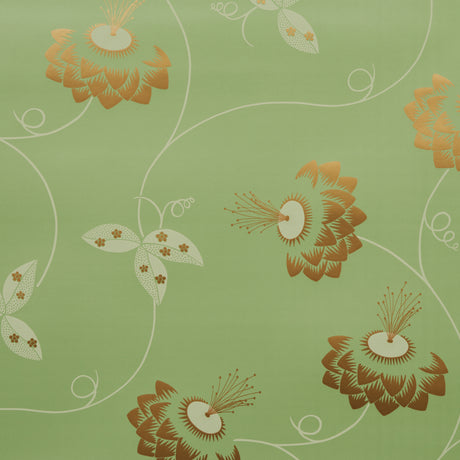 Merlin by Neisha Crosland in Plough Green, a climbing floral Art Deco wallpaper with stylized passionflower blooms.