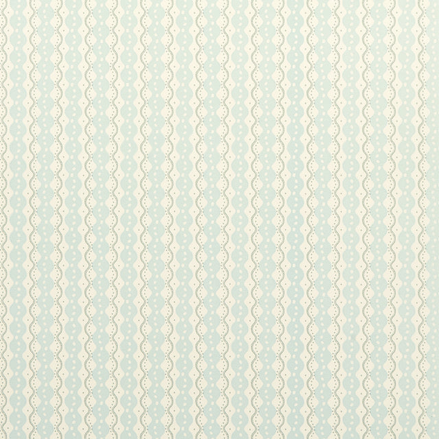 Centipede Stripe wallpaper in Icing Blue by Neisha Crosland for Schumacher, featuring a scalloped stripe and dot pattern.