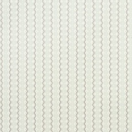 Centipede Stripe wallpaper in Pumice by Neisha Crosland for Schumacher, featuring a scalloped stripe and dot pattern in a neutral colorway.