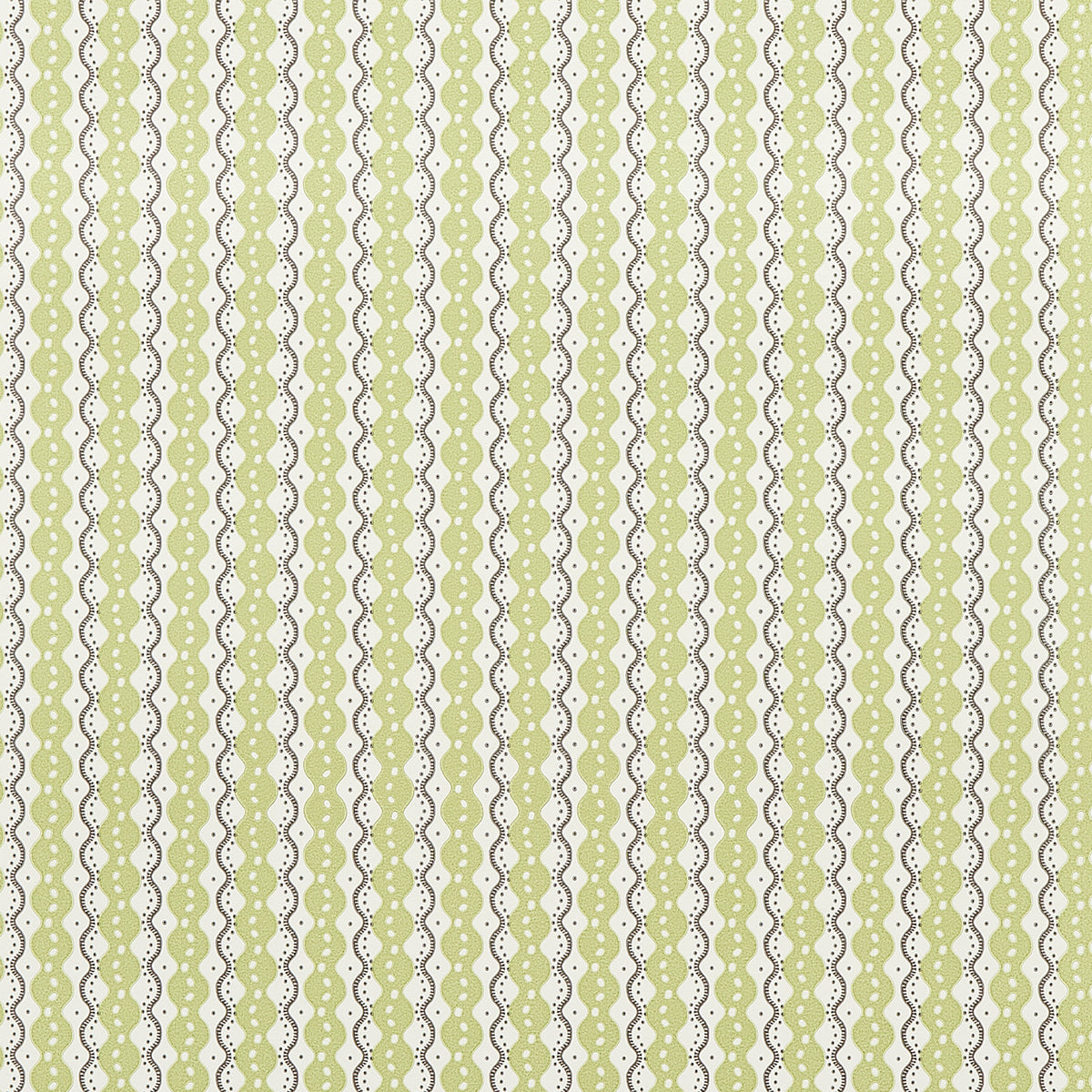 Centipede Stripe wallpaper in Pea by Neisha Crosland for Schumacher, featuring imaginative scalloped stripes and dot details in green and white.