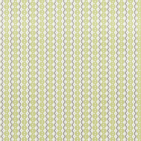 Centipede Stripe wallpaper in Pea by Neisha Crosland for Schumacher, featuring imaginative scalloped stripes and dot details in green and white.