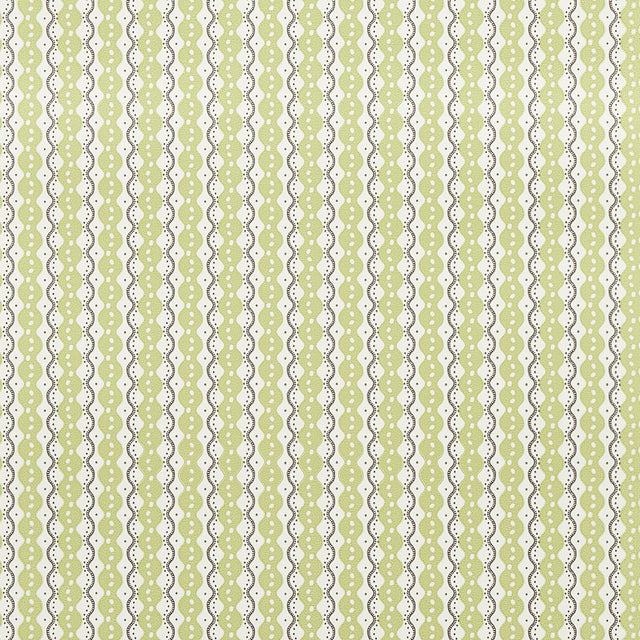 Centipede Stripe wallpaper in Pea by Neisha Crosland for Schumacher, featuring imaginative scalloped stripes and dot details in green and white.