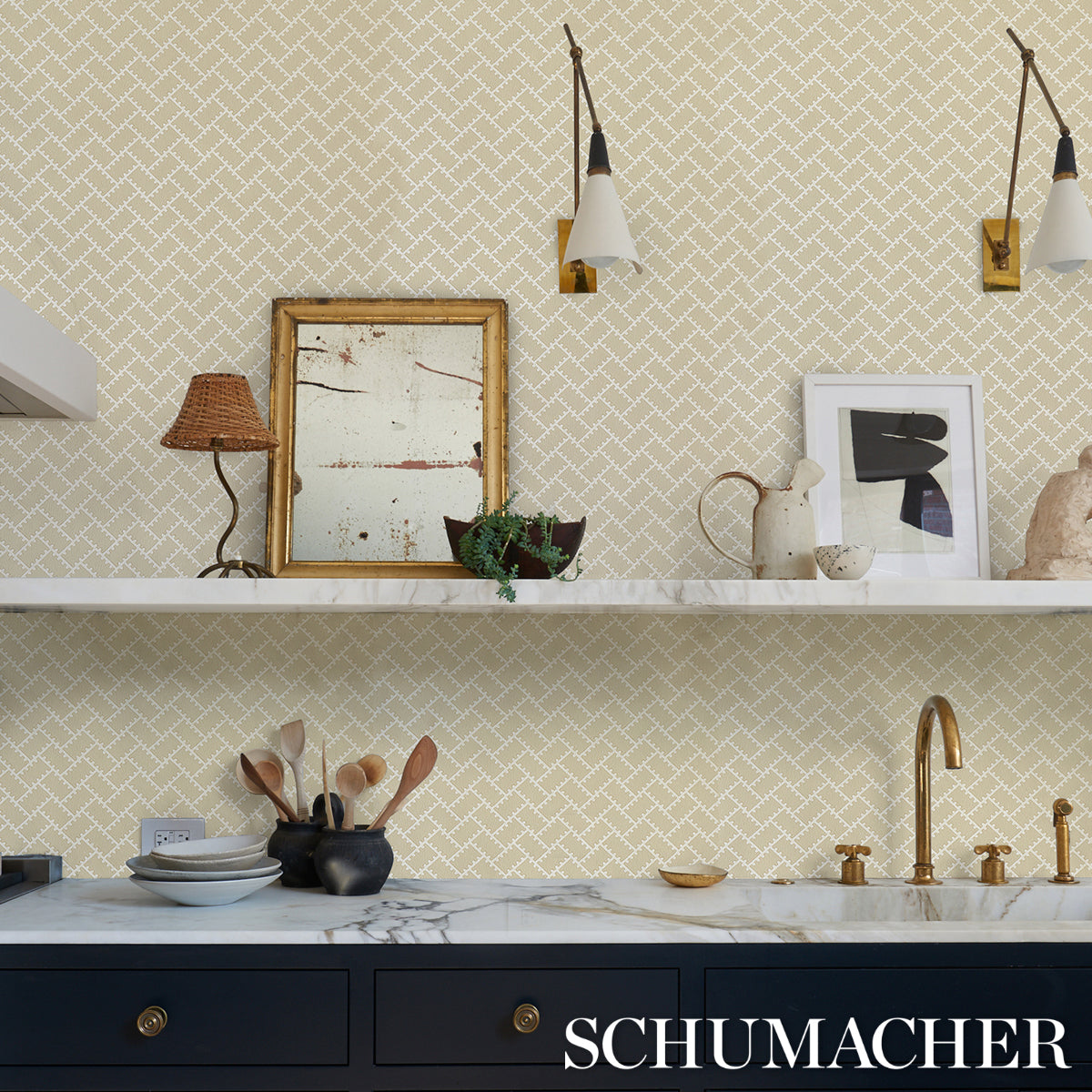 Parterre Gold by Neisha Crosland Small-Scale Herringbone Wallpaper – Schumacher 5015080