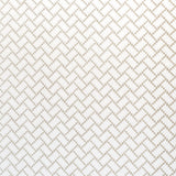 Parterre Silver by Neisha Crosland for Schumacher - small-scale herringbone geometric wallpaper in shimmering silver, shown in a styled kitchen setting.