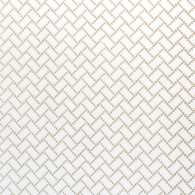 Parterre Silver by Neisha Crosland for Schumacher - small-scale herringbone geometric wallpaper in shimmering silver, shown in a styled kitchen setting.