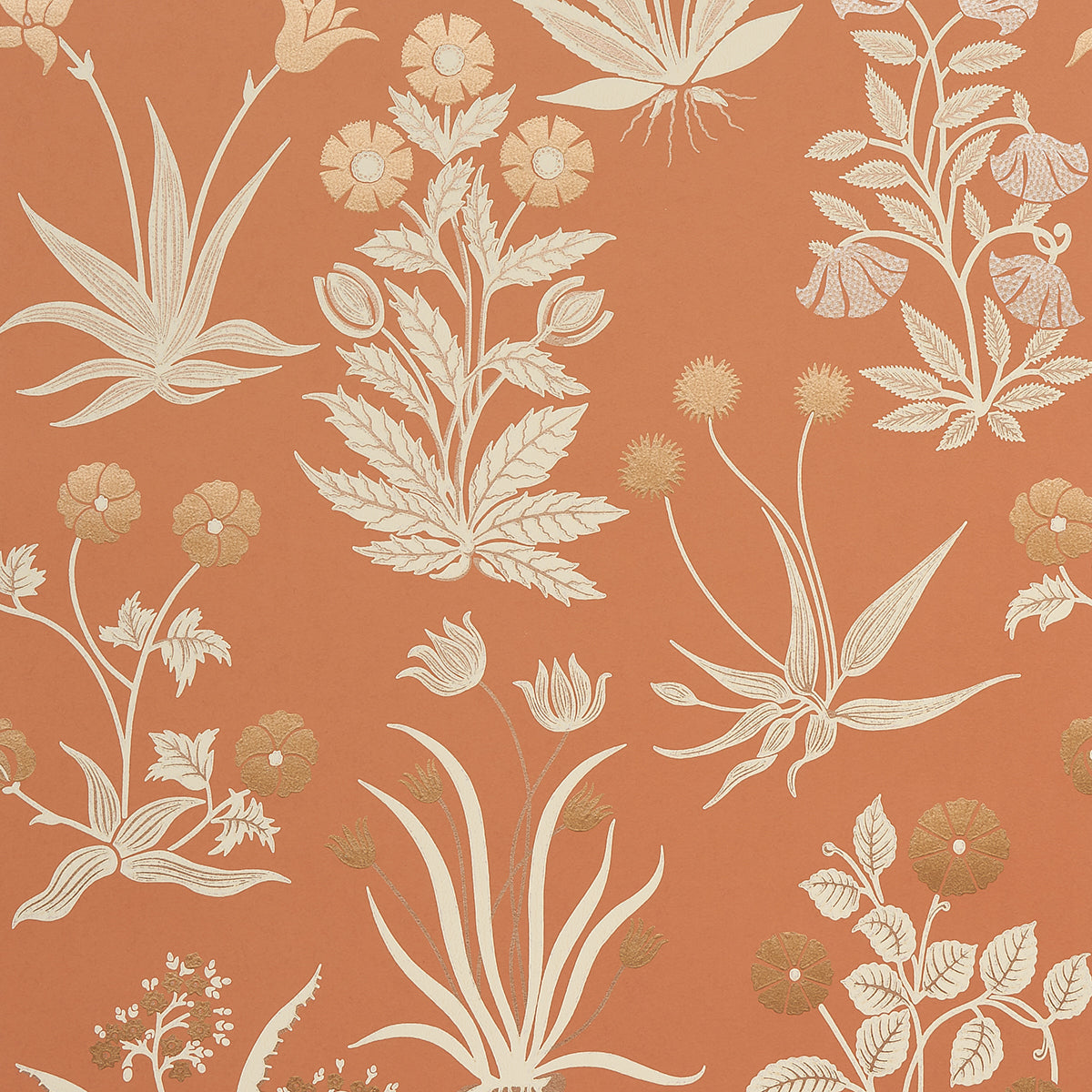Culpeper wallpaper in Ox Orange by Neisha Crosland for Schumacher, featuring a mid-scale botanical floral pattern with metallic accents.