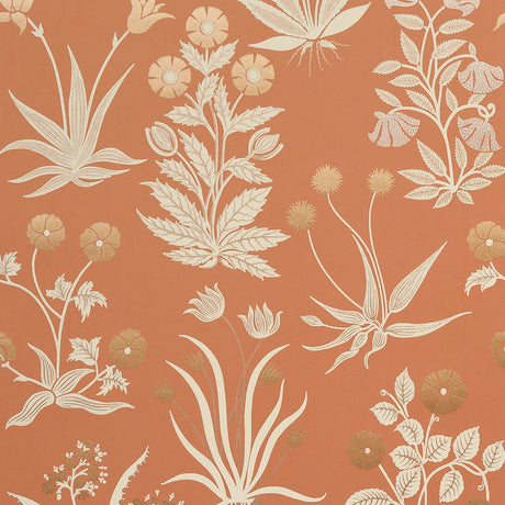 Culpeper wallpaper in Ox Orange by Neisha Crosland for Schumacher, featuring a mid-scale botanical floral pattern with metallic accents.