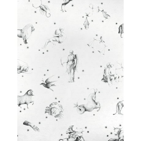 Pilar Panel Set wallpaper in Grisaille by Charlap Hyman & Herrero for Schumacher, featuring astrological symbols in graphite on a mural-like scale.